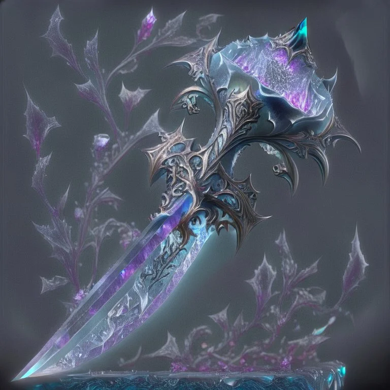 Upscale A Zweihander, the blade is made up of glimmering ice, it's hilt is crafted from swirling vines, leading to a vibrant rose crystal at the pommel, with a black background behind it. Zoomed out, HD