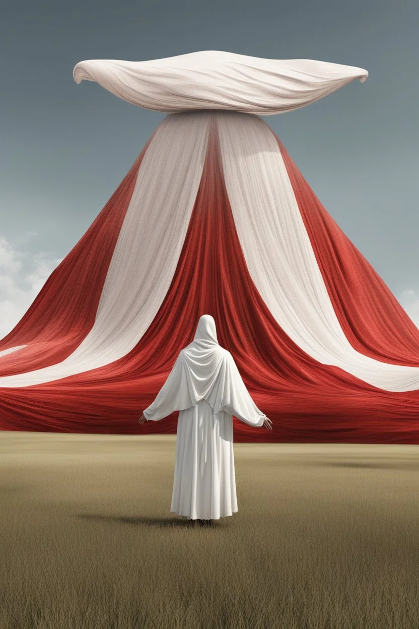 Giant massive huge in stature, majestic entity, hovering and floating over a large field landscape. the entity wears a white and red draped fabric that has printed on the material resembling stars. the fabric has also technological elements. you can see how big it is compared to a tiny human standing in front of it