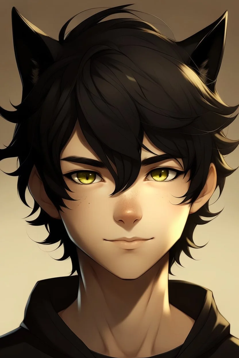 At teen male with messy black hair, gold eyes, large black cat ears, slight smile