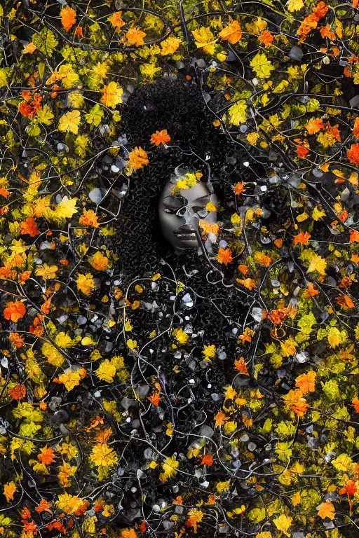 abstract creation of a beautiful woman with black curly hair, surrounded by black roses, thick metal chain broken, glass petals on the ground, autumn colours,dried out thorn bush, chaos,