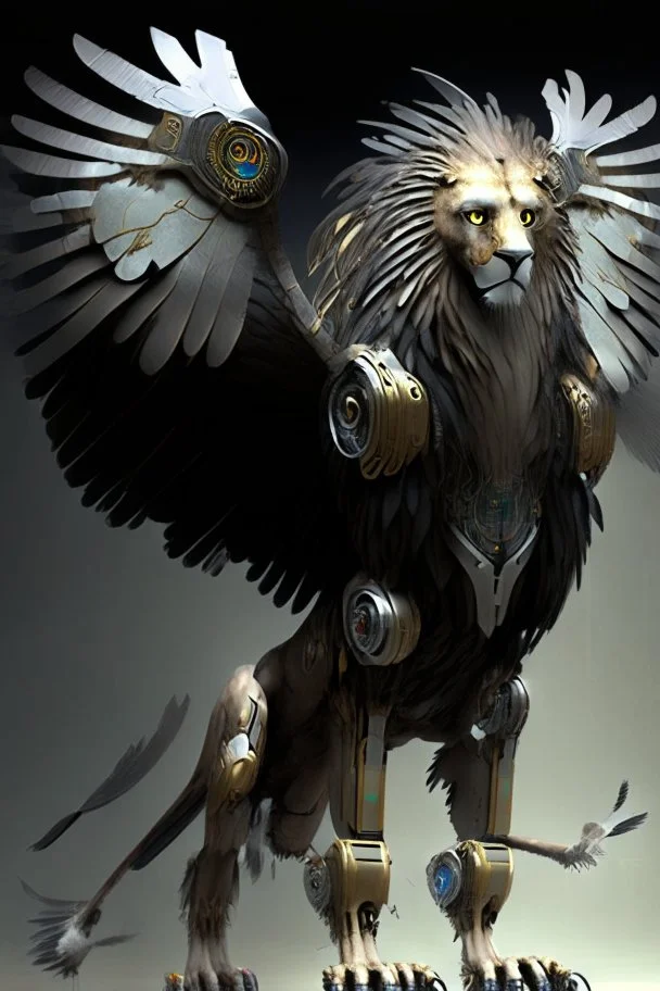 A creature with an eagle's head and a lion's body and two robotic wings