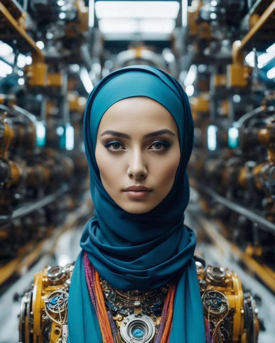 potrait cinematography colors a beautiful face woman hijab humanoid hijab robot mechanical walking in between two rows of complex machinery with vibrant colors