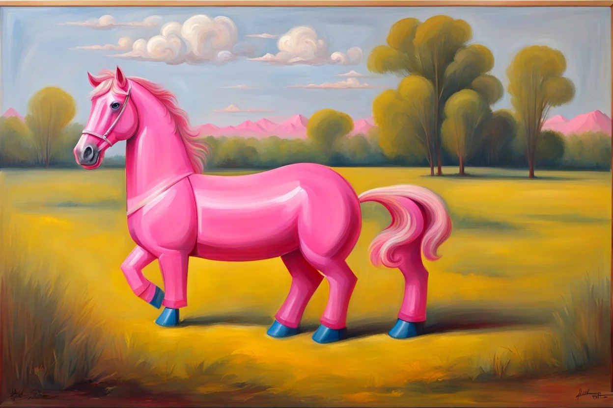 Big pink plastic toy horse.19th painting