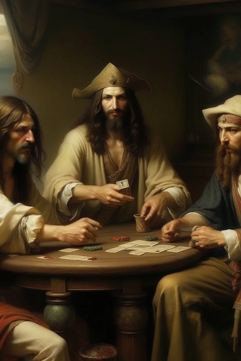 Jesus and some pirates friends smoking and playing cards, davinci.