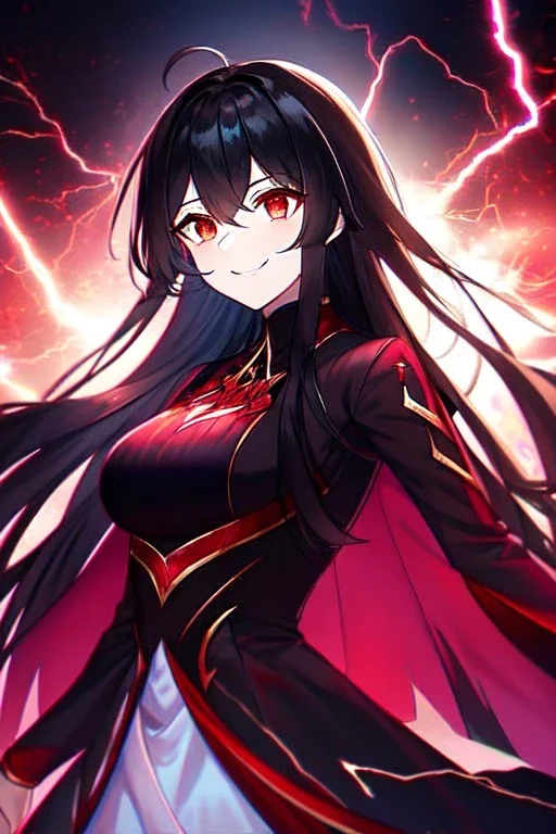 girl, masterpiece, best quality, cinematic lighting, detailed outfit, vibrant colors, perfect eyes, black hair, long hair, vibrant red eyes, lightning magic, angry, smile, evil look,