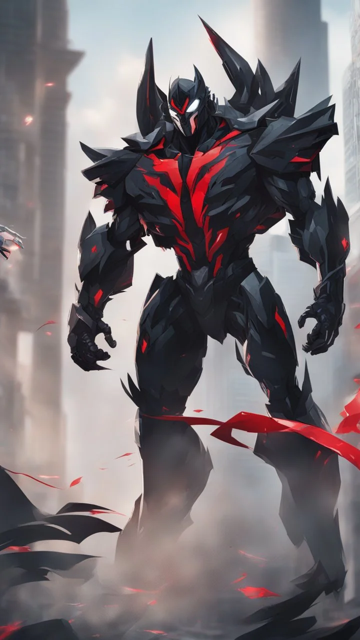 A close picture to Mix between transformers and venom symbiote in solo leveling shadow art style with red details detailsis in fantasy world
