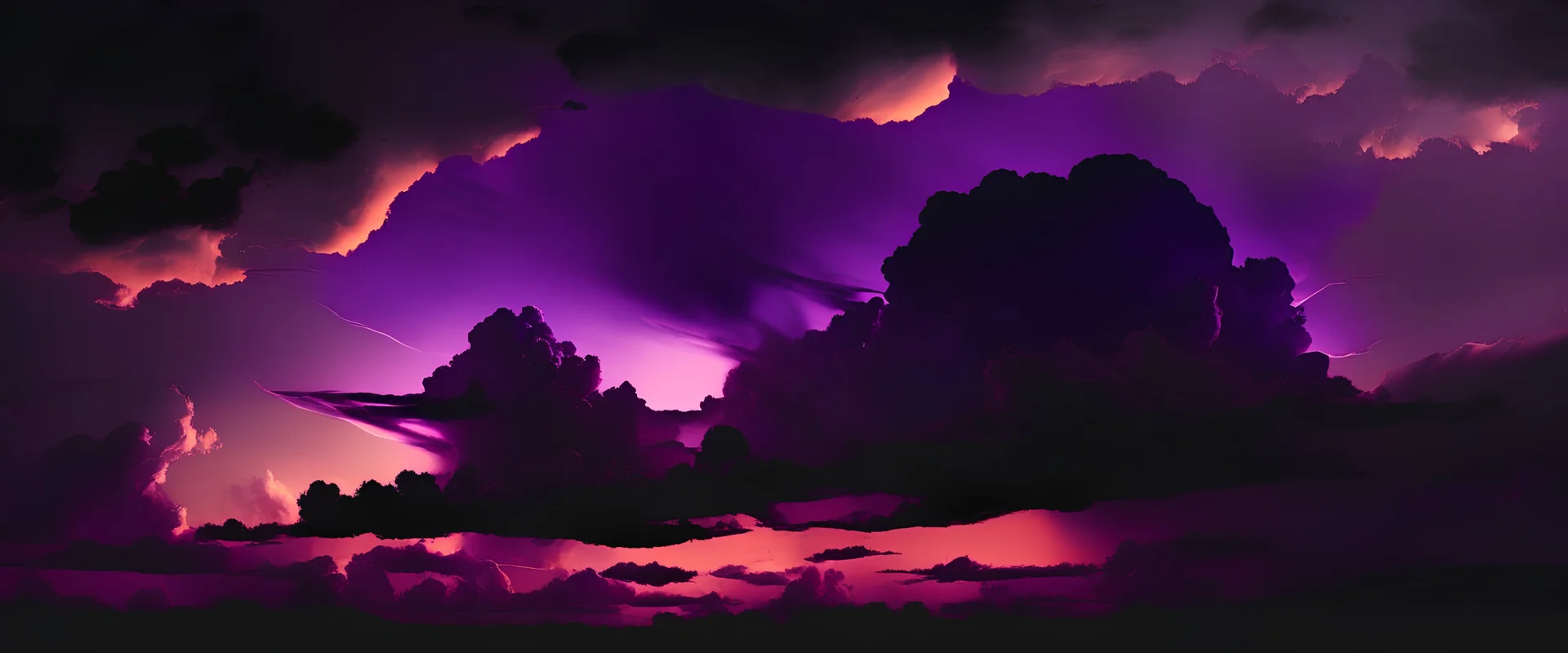 silhouette storming dark purple clouds with sunset light through them