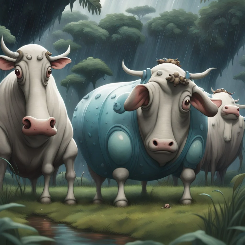 far in the distance five big crepy-cute weird creatures stand on four legs on eart , on tube heads is one giant eye , gray-white-pale blue color skin, with big cow udders on the belly between their legs,, without ears ,peacefully grazing the grass, background is a jungle, rain, detailed, sci-fi, fantasy, cinematic