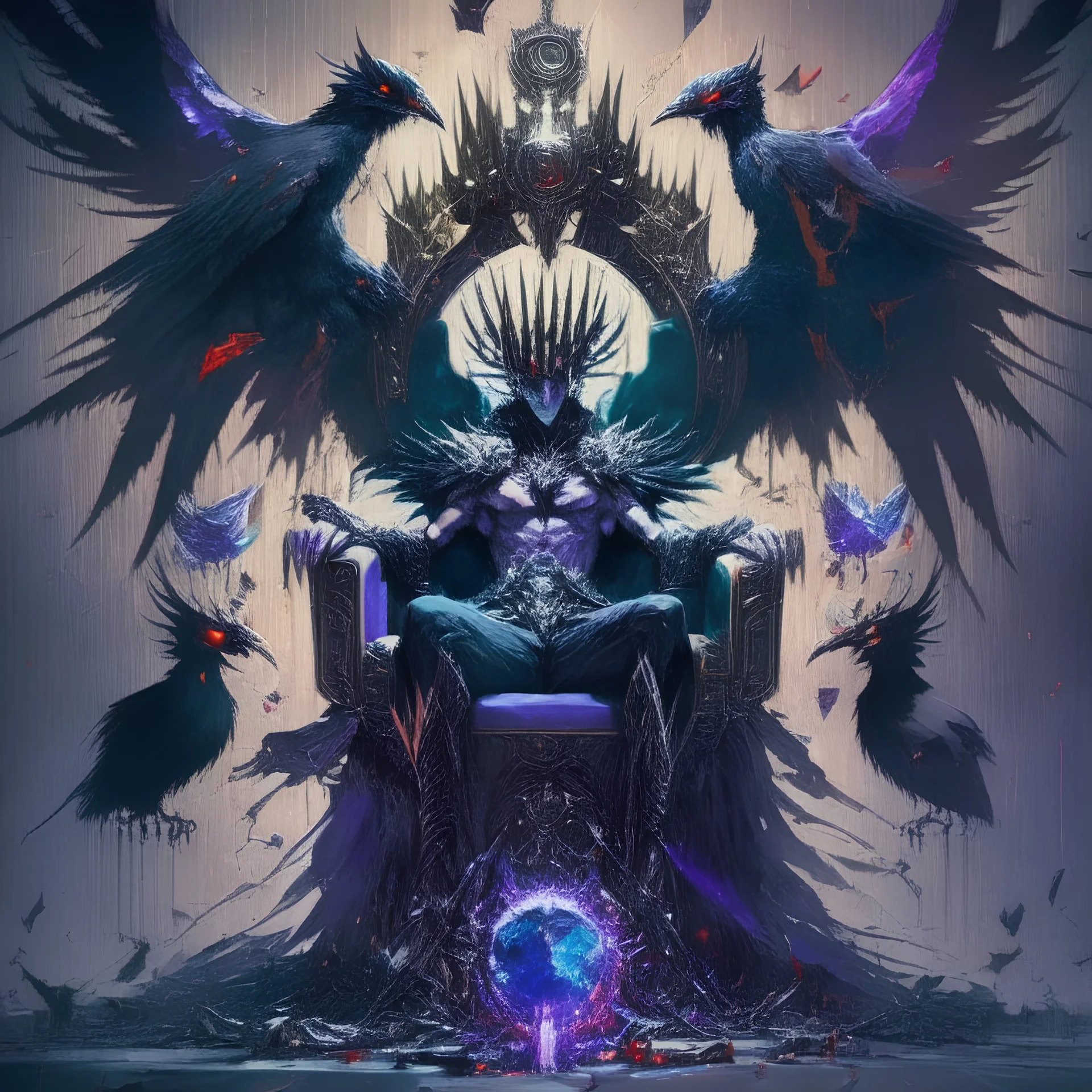 the ultimate life form seeing in a throne with a crow on of of it's head holding all the chaos emeralds with killing intent covering his body with swords in a circler behind his back