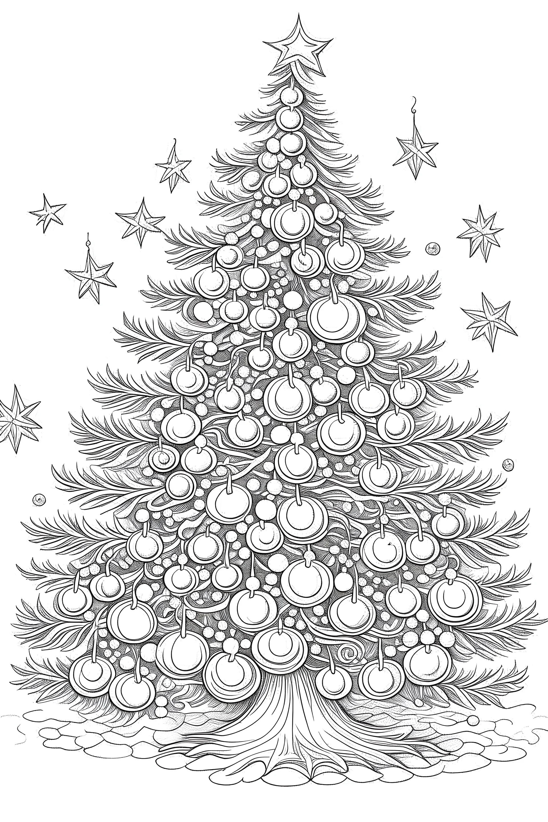 Drawing of beautifully decorated Christmas tree with ornaments, lights, and a shining star on top no color