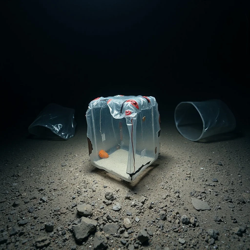 A photo of a dark, closed environment taken with a Hasselblad H6D 400c camera. At the center, a transparent structure made of indefinite shape, made of various materials, covered with silver, red, and black plastic material. The surface below appears to be rocky, with small accumulations of sand. In the background, other forms or structures are visible, some of which are thin and transparent.