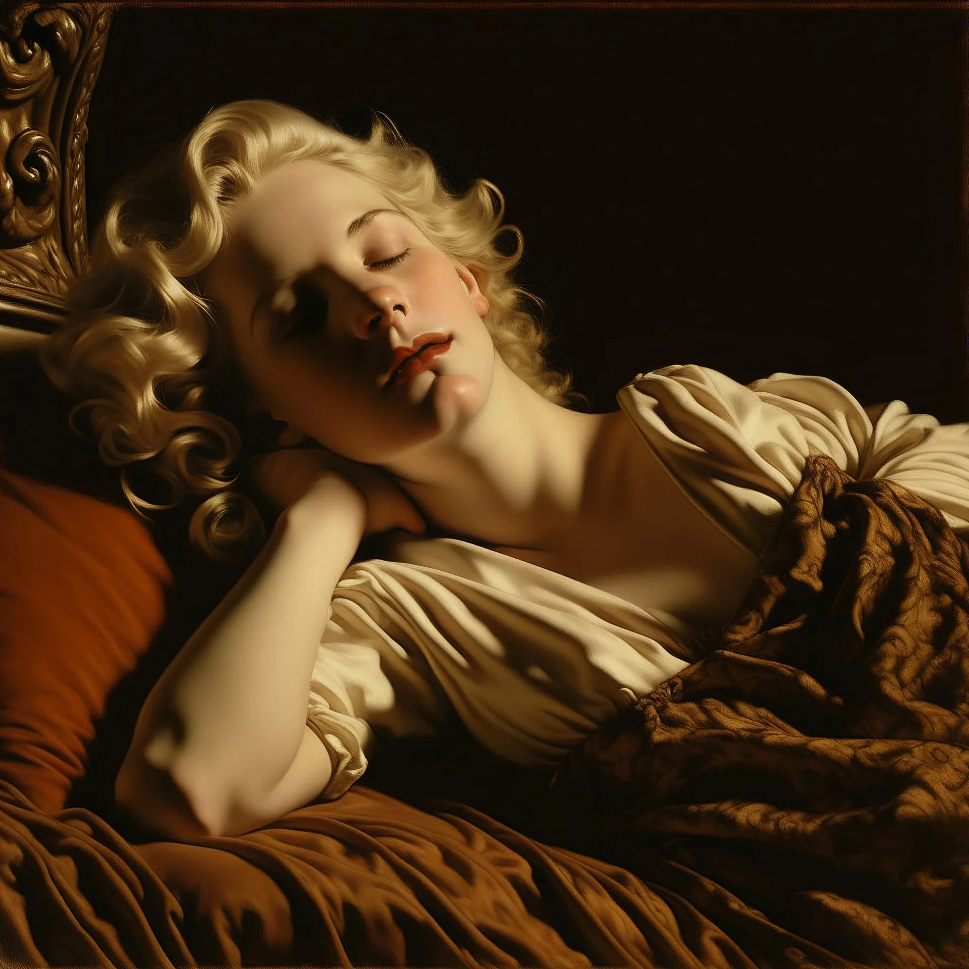 marilyn monroe in the style of Frederic Leighton, sleeping