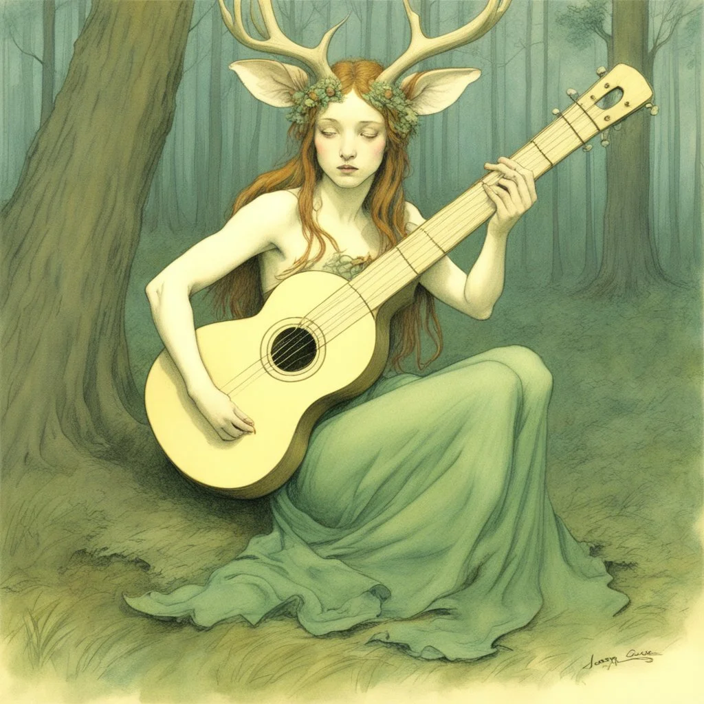 Sylvian nymph with antlers playing a lute in a wooded glade, By Jean Baptiste Monge, rough color pencil illustration, dark green and brown colors