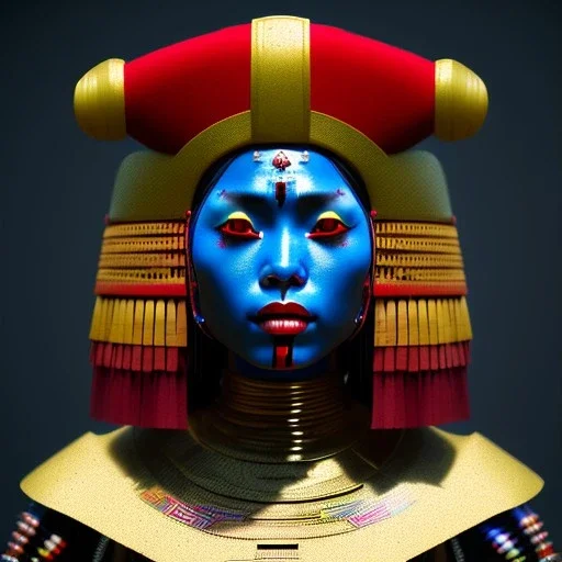 Inca woman, rounded face, blood, black, red, blue, gold, samurai helmet, decorative color feathers, retro, bamboo, leather, soft color, highly detailed, art stations, concept art, smooth, unreal engine 5, god rays, ray tracing, RTX, lumen lighting, ultra detail, volumetric lighting, 3d, finely drawn, high definition, high resolution.