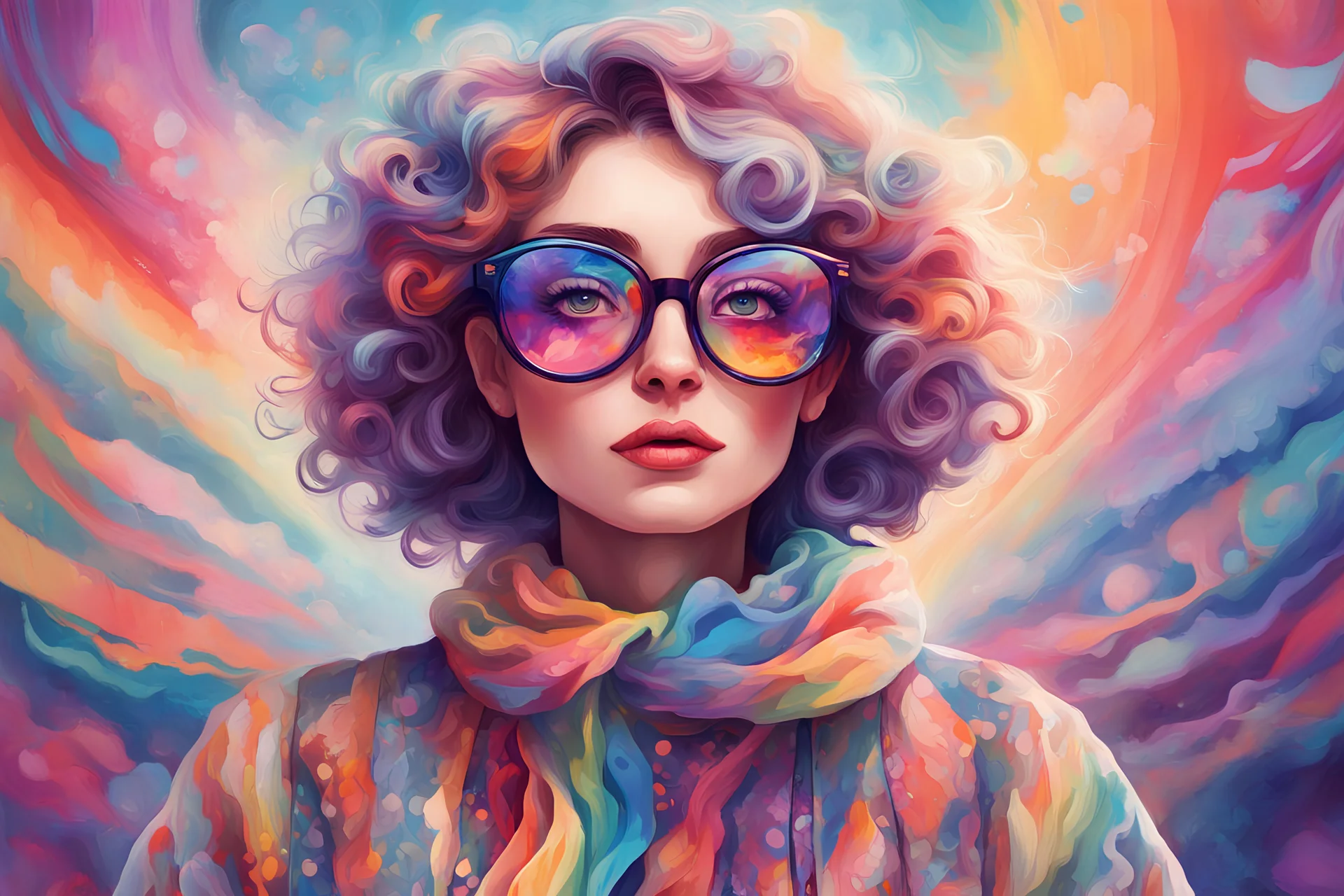 woman with wide frame glasses in boheme patterned outfit, vibrant colors, anime-inspired, soft pastels, brush strokes, ethereal, digital painting, beautiful and intricate patterns, rainbows, playful, stylish, high contrast, striking shadows, fantastical elements, modern twist, retro vibes, lively and energetic, surrealistic elements, kaleidoscopic patterns, dreamlike atmosphere, whimsical, effervescent, contemporary flair, eye-catching details, magical ambiance