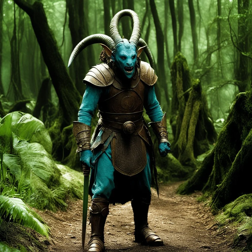 [photo from Pan's Labyrinth (2006)] the coloured extra terrestrial alien warrior was quick to laugh quick and terrible in his wrath. He was a valiant trencherman, and strong drink was a passion and a weakness with him. His fine ring-mail which sheathed his arms and leg; the blade at his girdle was a great broadsword; and his scarlet cloak could have been spun nowhere but in Ophir. his boots are in fur.