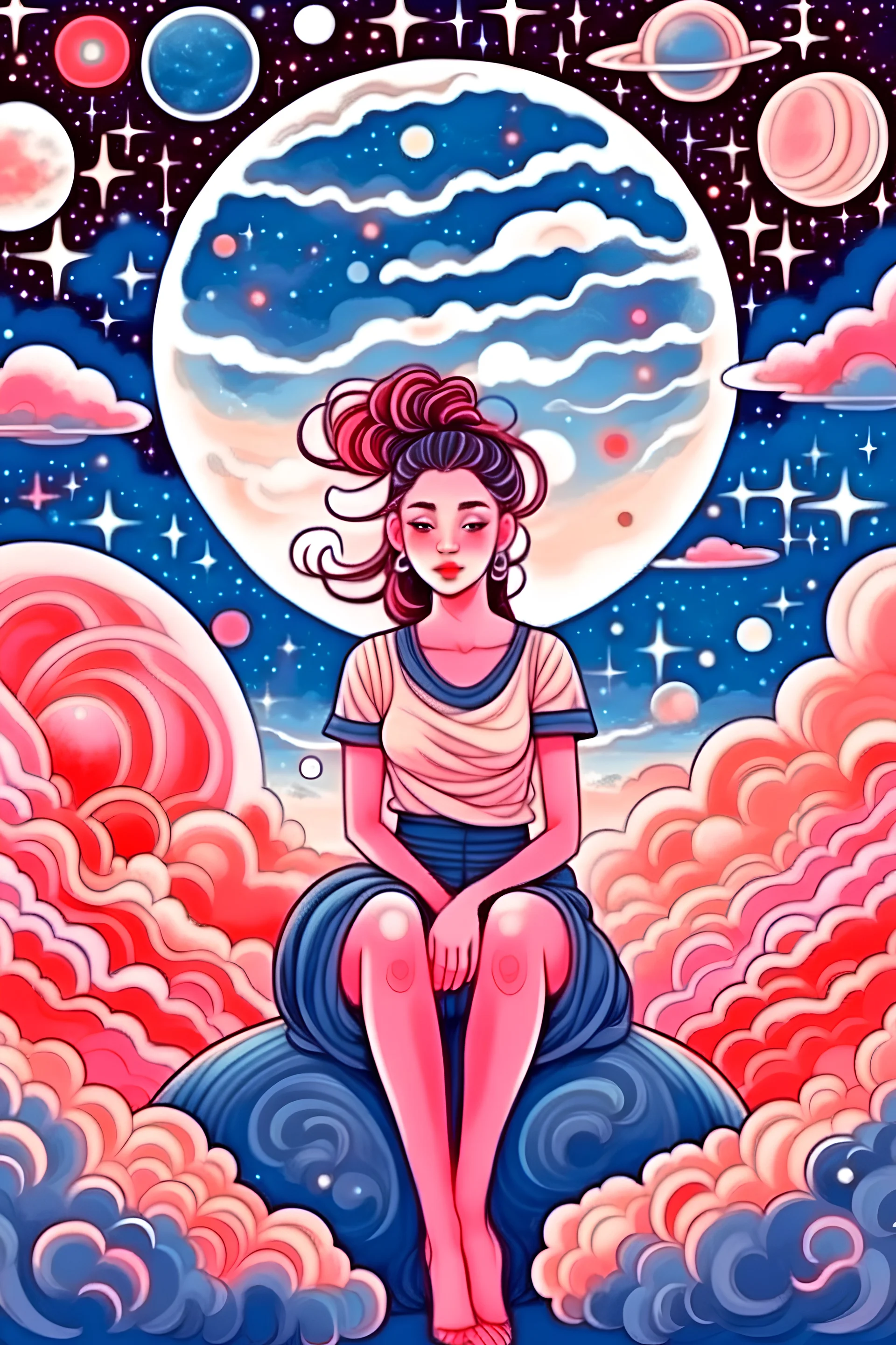 cosmic girl under moonlight Saturn planets stars clouds