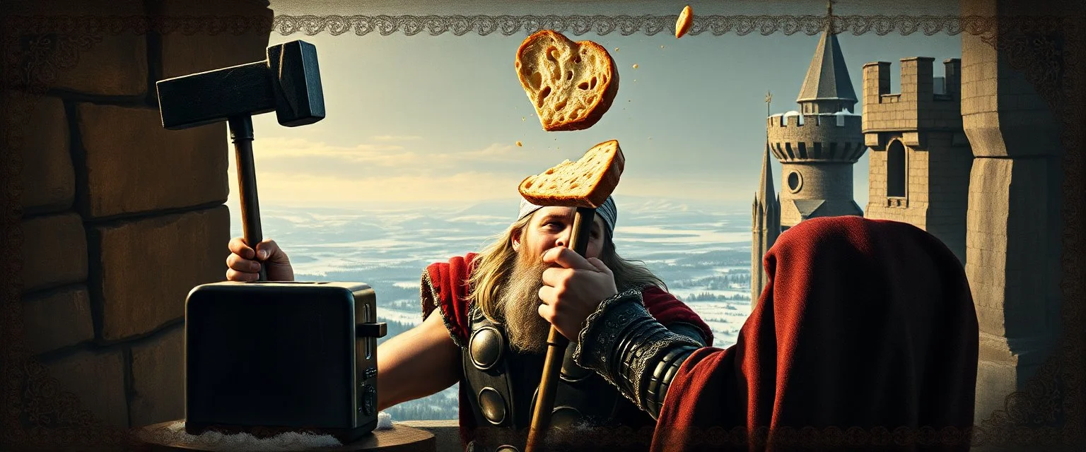 Movie poster portrait. The mighty God Thor sees the hammer toaster on a pole, spit out one slice in his face. The bread is jumping over his head. In the style of Rembrandt and "Gods of Fallout 4". He is sitting on the balcony of his castle, with a great view over the frozen valley. He is trying to grab the bread quickly. "Fali' ja." Darkened edges with dragon border pattern, runes and embroidery.