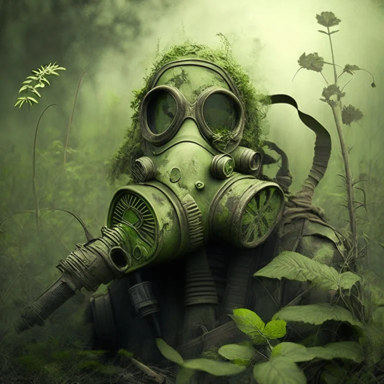 Overgrown, gasmask,