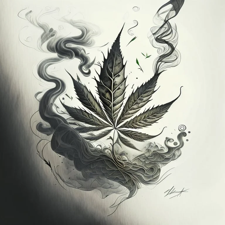 Sketch a composition where a crushed weed leaf is positioned at the center, surrounded by swirling smoke patterns that gradually transition from dark to light, symbolizing the journey from addiction to recovery.