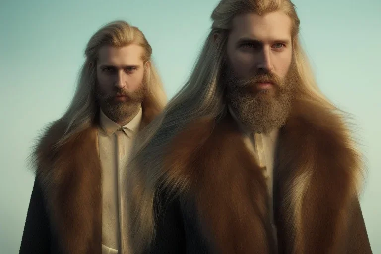 Blonde braided long haired bearded tall man wearing gold rings and long fur trimmed merchant's coat, dark background, dynamic lighting, full body character design, golden glowing eyes, medieval fantasy