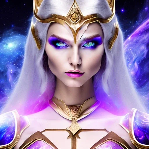 cosmic mage, elf, female, battle mage, epic, cosmic magic, long ears, white hair, face details, pale skin, jewellery, broad shoulders, glowing eyes, sharp ears, cosmic clothes, bright eyes, cosmic eyes, ears shown, light out of eyes, the cosmos in eyes