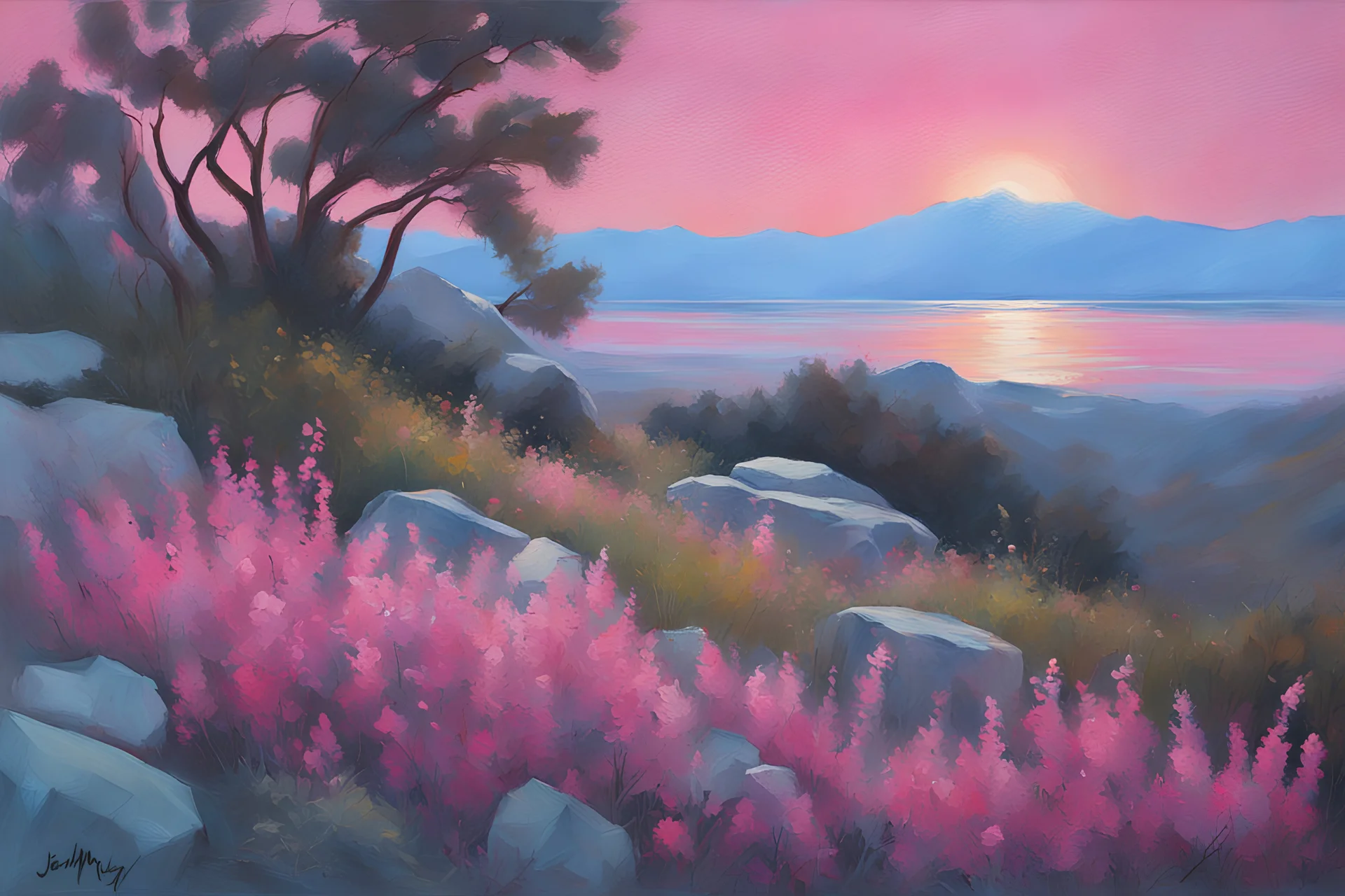 Fuchsia sky, rocks, weeds, sci-f, mountains, jenny montigny and ludwig dettman impressionism paintings