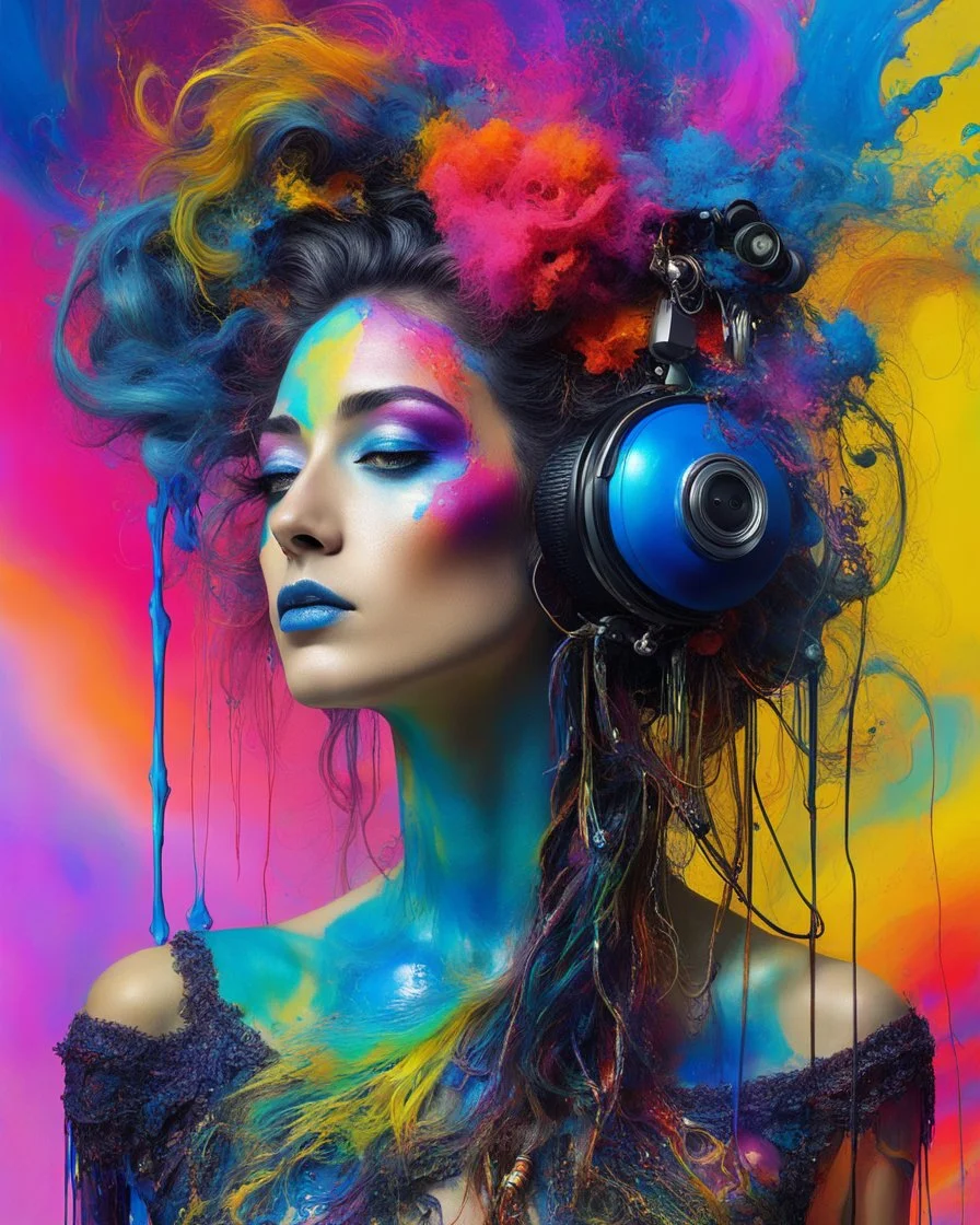 Surreal blending art combination dj player and guitarist in digital painting, psychedelic vibrant colors surreal paint pour hair, Paint dripping on her face by salvador dali, 8k, beautiful, liquid mercury, ralph steadman, pino daeni, very cute, abstract, steampunk, sensual, whimsical, colorful, opp art for a fashion magazine, 4k, background twisted paint in a stunning way, hypnotic feeling, sleek porcelain head, pristine skin, line sleek, make up