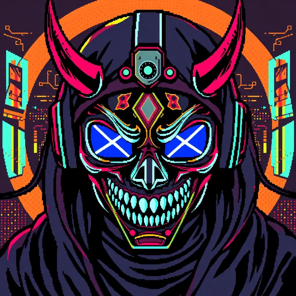 8 bit pixelart cyberpunk,Hannya-Maske, Comic style
