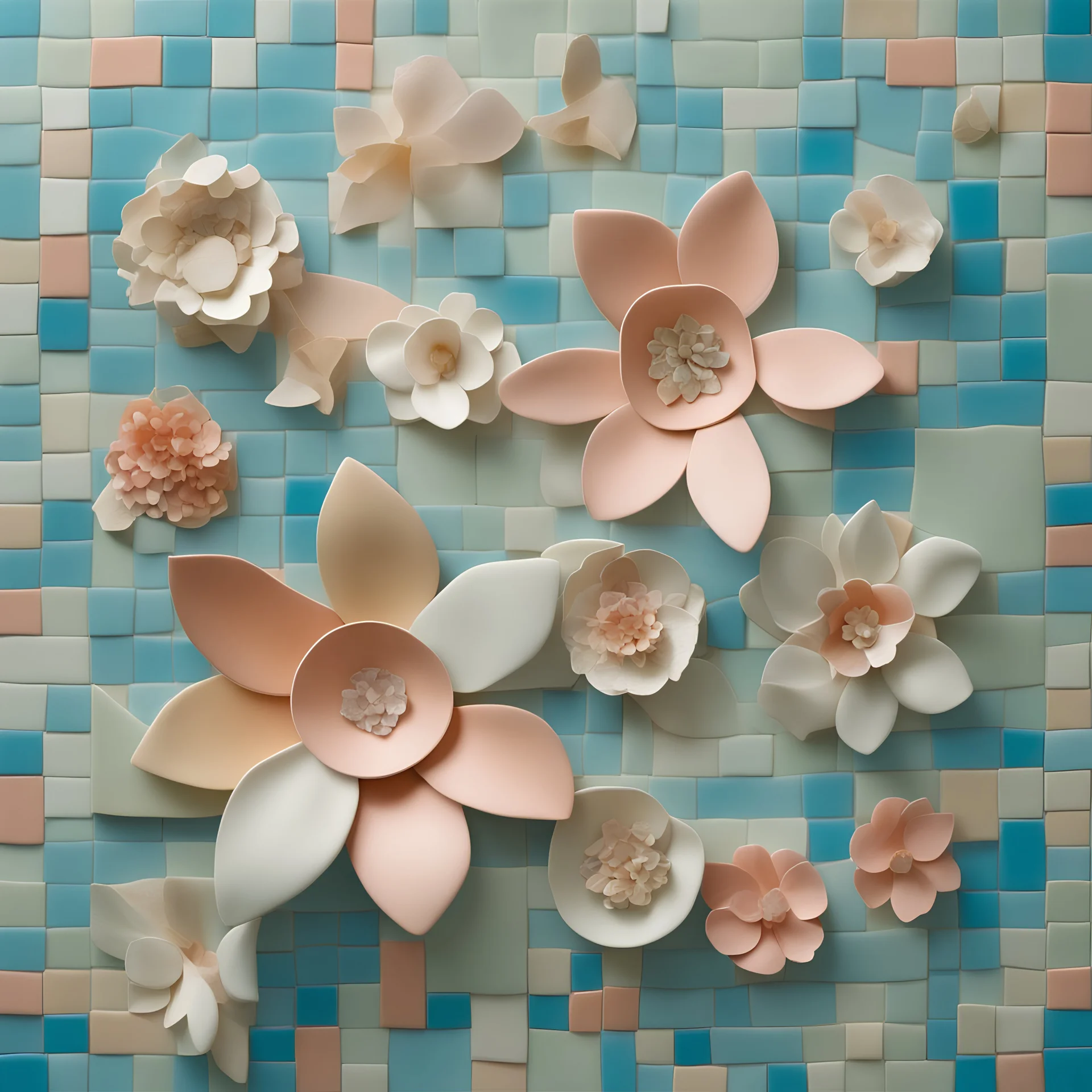 Floral mosaic collage of a flower made from irregular pieces of tiles and broken pieces of porceline , soft hues, delicate craftwork. 8k, octane render.