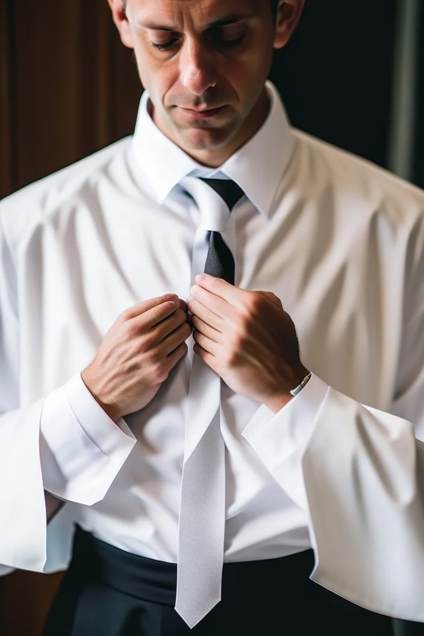 man dressed in church dress clothes opening his shirt to reveal a white t-shirt