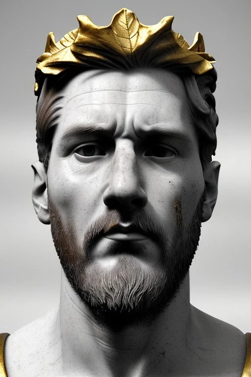 Ultra Realistic image, classical renaissance sculpture, white marble and gold material, Lionel Messi, emperor style, gold Laurel leaves crown, chisel style, waist up portrait, epic, celestial, cinematic lighting, God light, god rays, 4k resolution, smooth details, ornate details, soft lighting, unreal engine 5, sky background.