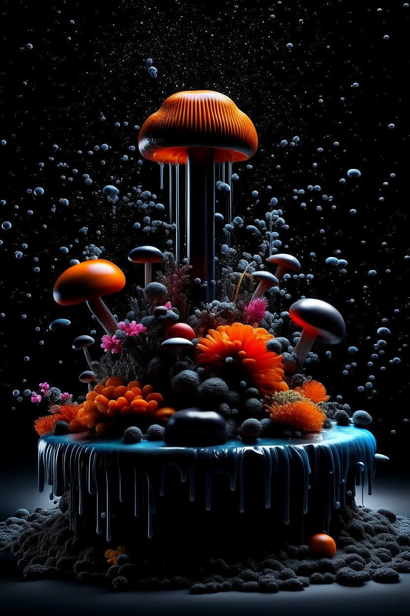 Exotic Flora, fauna, mushrooms, fungi and coral dripping black liquid in the Multiverse