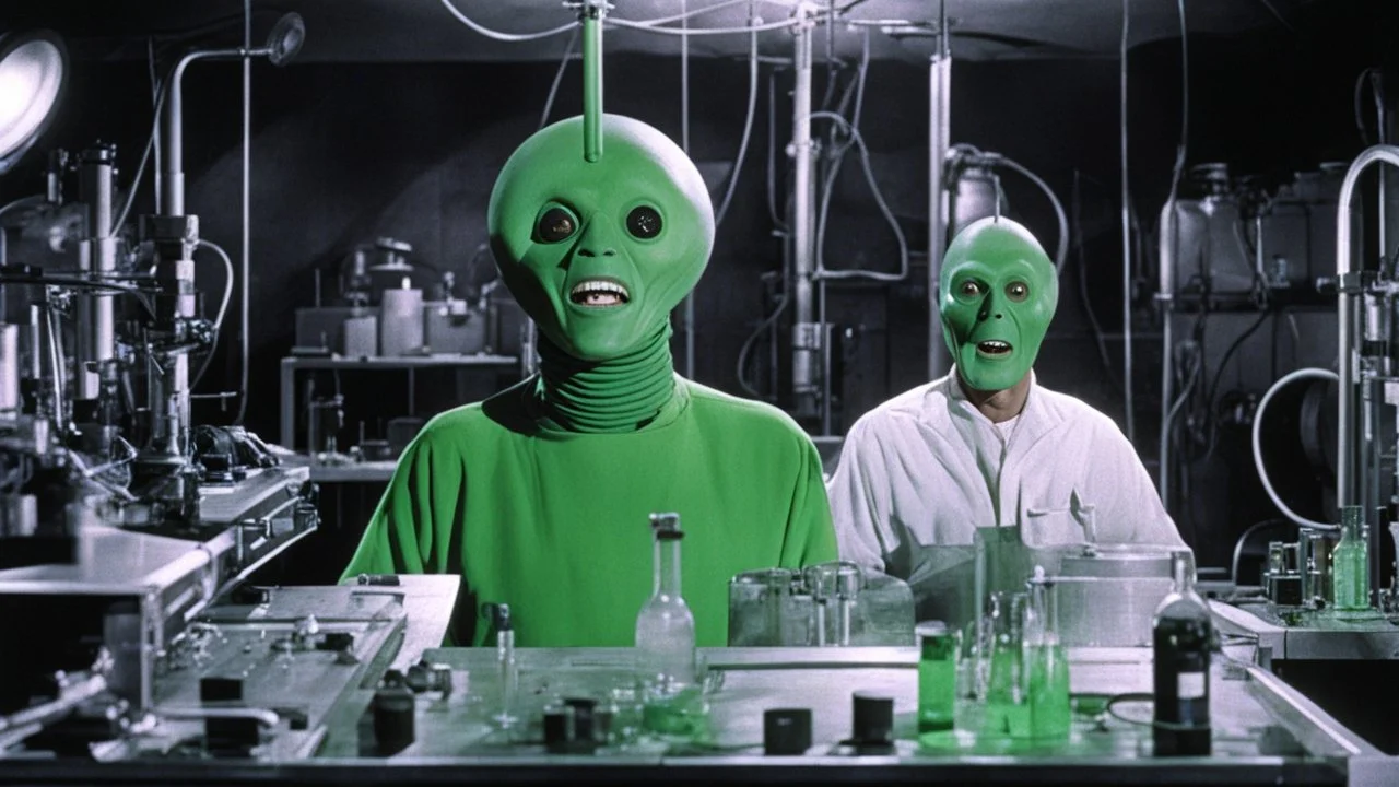 [Jason and the Argonauts (1963)] two smiling green extra terrestrial aliens in their experiment lab in the 60ties, tubes and cables and liquids everywhere, a large bed in the middle