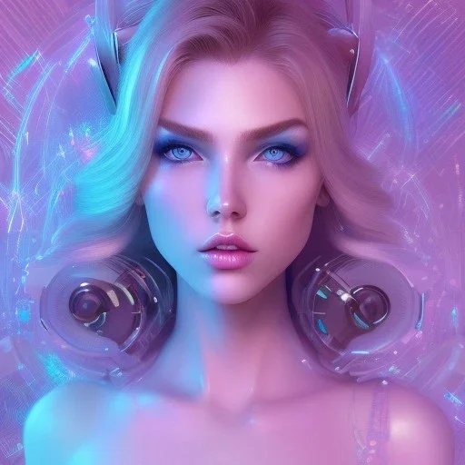 A beautiful portrait of a cute cyberpunk woman long blond hair, pink lips, blue eyes, high key lighting, volumetric light high details with luminous blue and white stripes and feathers