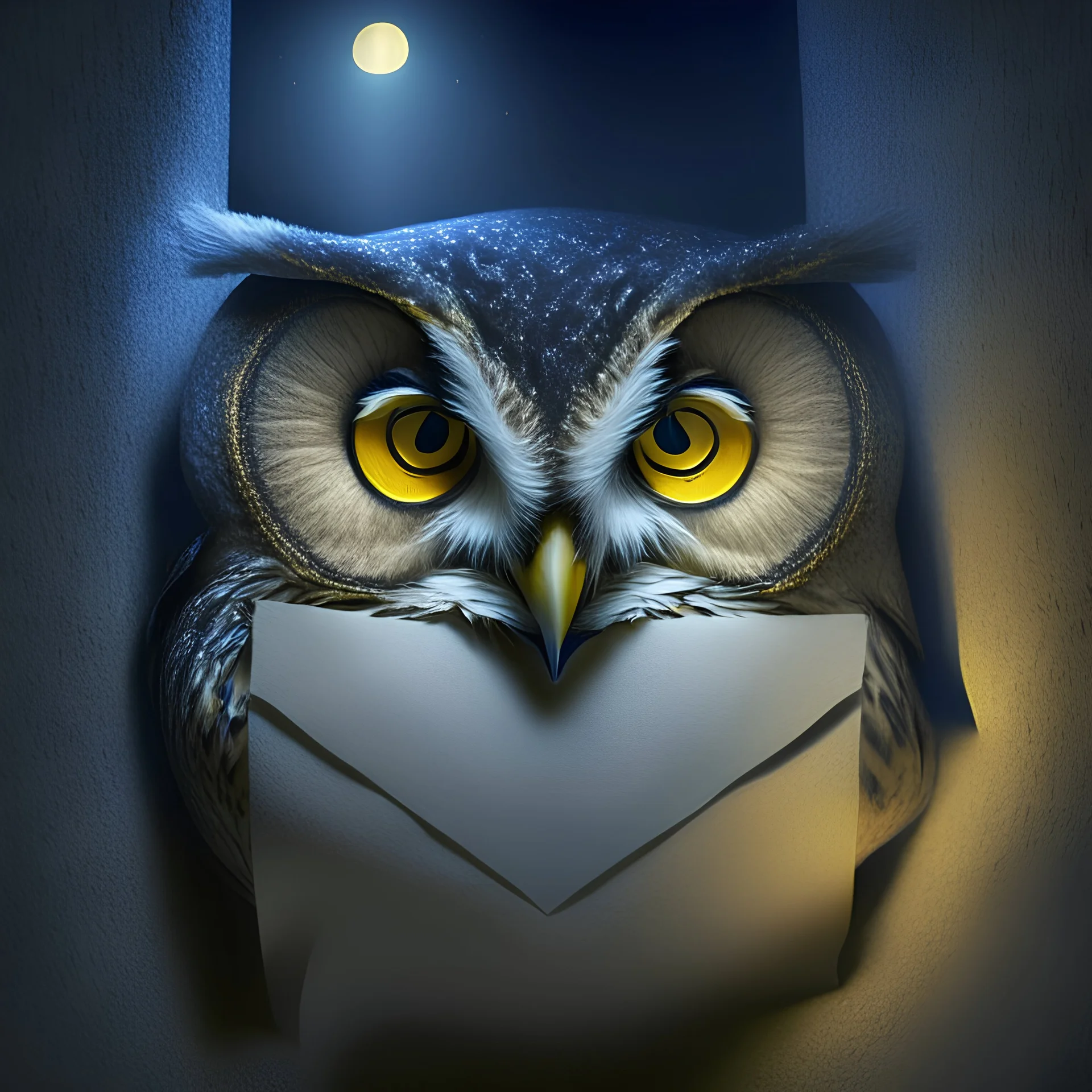 owl face in night with envelope in mouth
