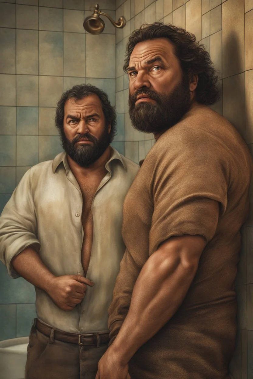 two ugly angry muscular chubby arabs 33 years old similar to bud spencer, very detailed, full figure shot, very realistic photography, dim light, view from below, tiled restroom, tattoo, masculine bearded, mature barely burly bearded muscled and robust, photorealistic, strong side light