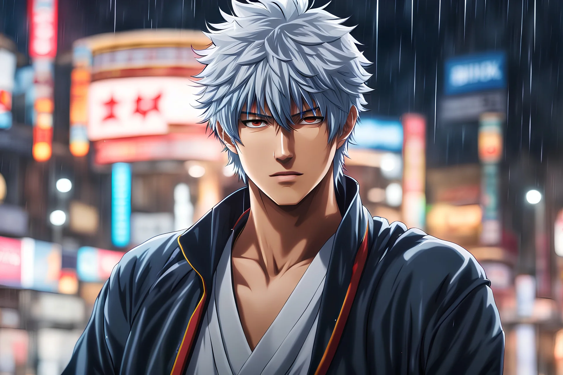 Gintoki in 8k 2D anime realistic drawing style, Gintama costum, close picture, rain, japan, neon, highly detailed, high details, detailed portrait, masterpiece,ultra detailed, ultra quality
