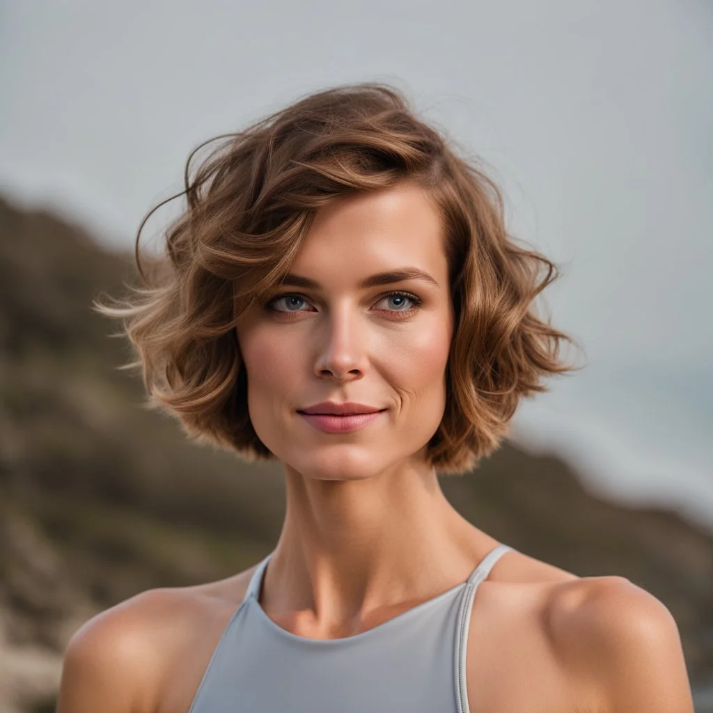 beautiful woman, standing frontal, short silver triathlon swimsuit, wavy bob haircut, photographed in front of beach, raw