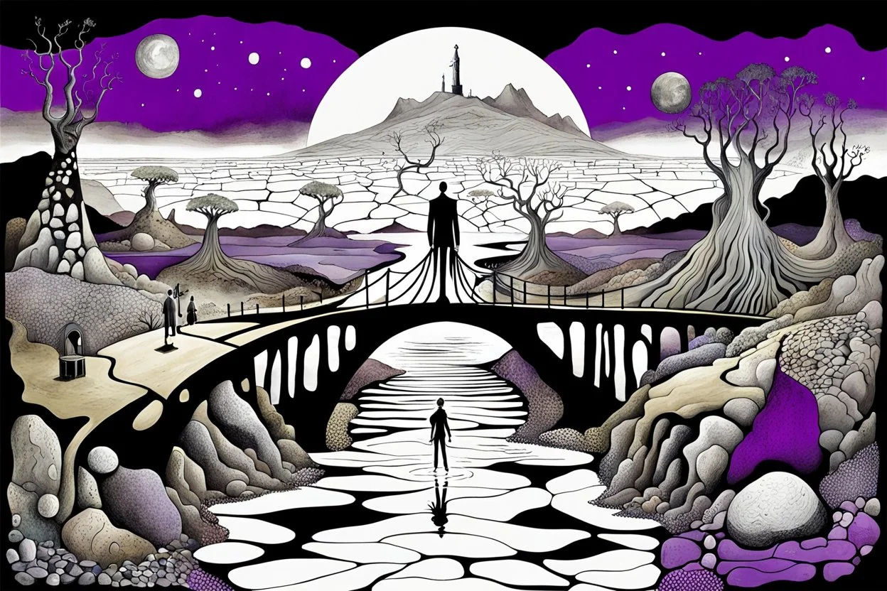 face to the camera in midle one alone human figure with a big map his hands in weird whimsical clothes stands on thin weird bridge , weird whimsical landscape, forest, and Sahara water and rocks,, around surreal cracked painted weird land with some black doors. dark purple, gray, black, white, brown. Whimsical style of Chagall , of Minjae Lee and Tim Burton, absurd beauty. broken, weird bizarre absurd, nightmare, neuron network background, surreal vibe
