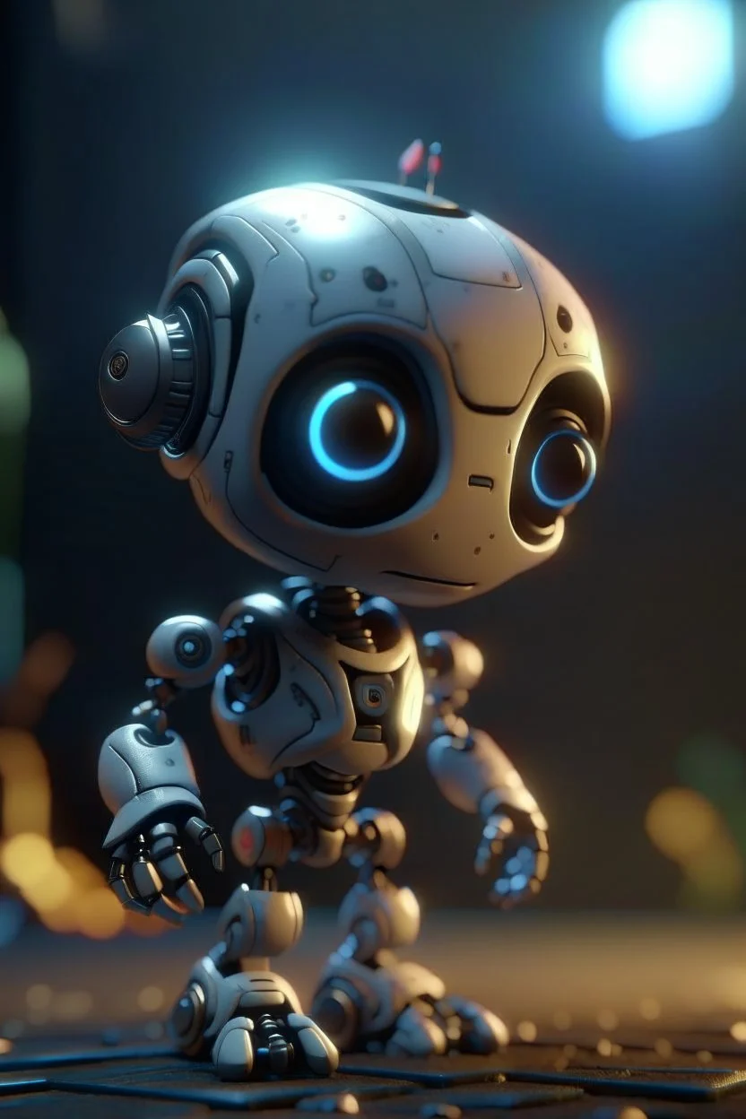 A cute robot being chosen as the official mascot for a horror movie festival..., 4 k, down light, depth of field, trending on art station, high detail, cracked ground