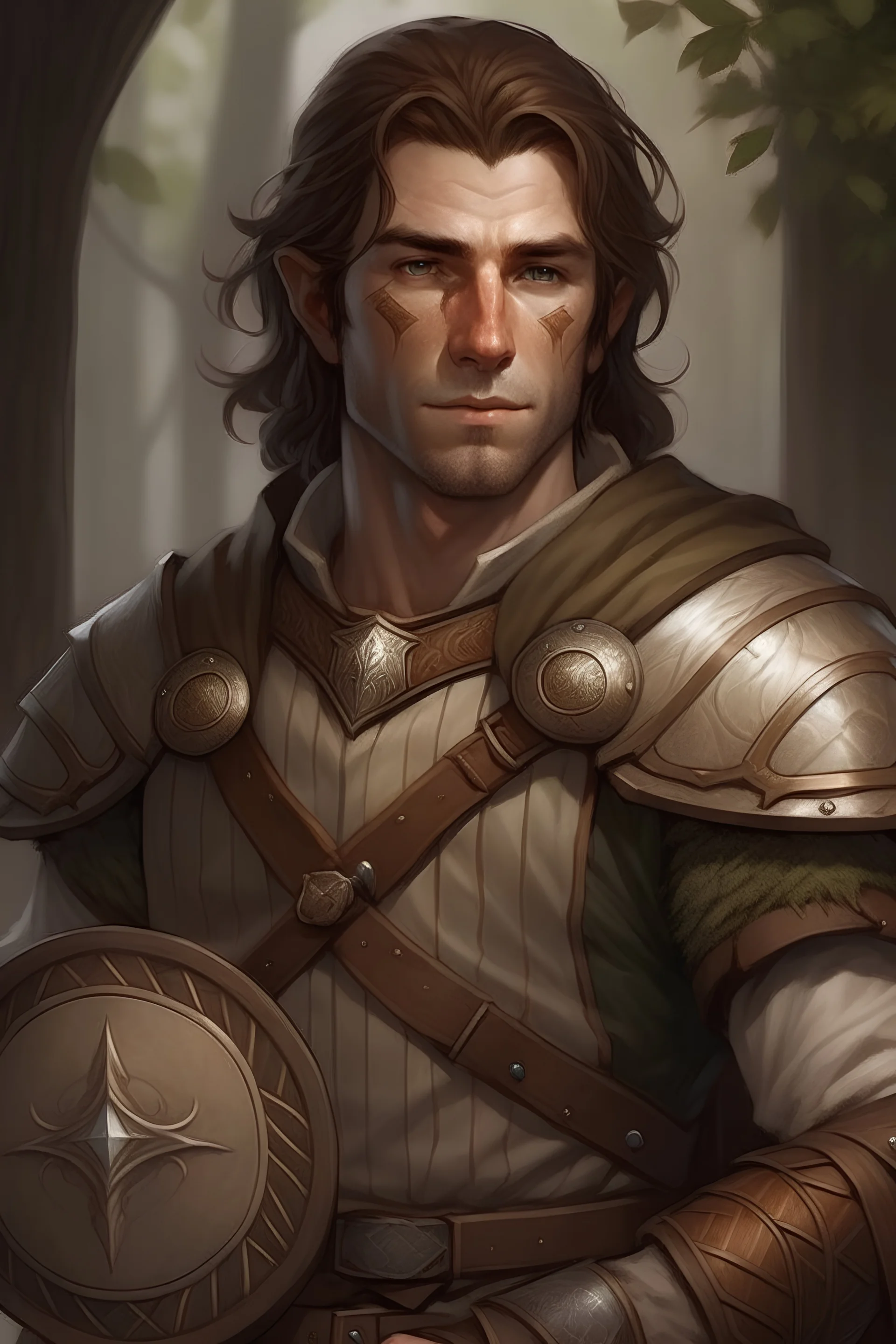half elf, male, dnd, rpg, druid, wooden shield, portrait, middle age, brown hair with grey streaks, simple leather armor