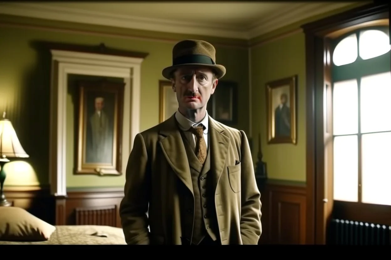 ww1 sick archeologist with suit talking close-up standing up looking to the camera, inside mansion room background