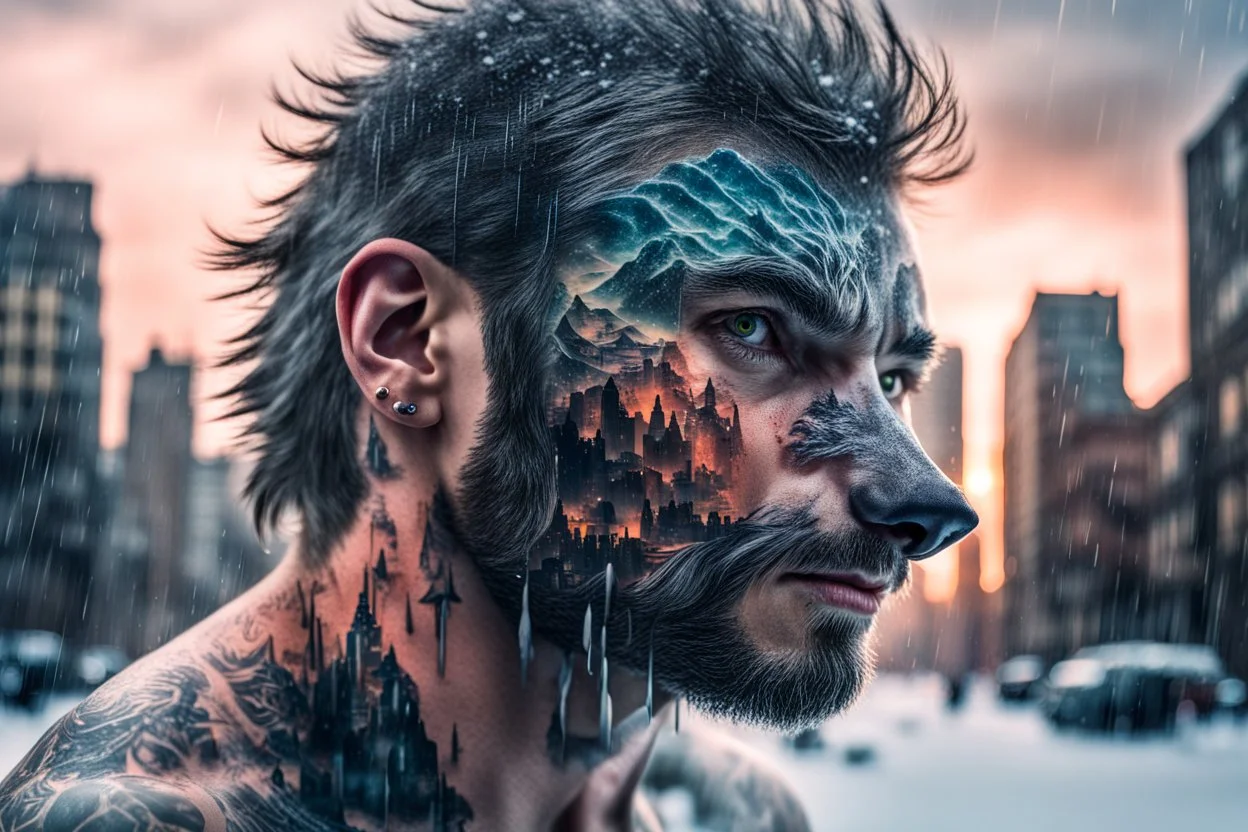 double exposure, Wolf Man, man, city, sunset, snow, rain, fantasy, mystical, tattoo, vertical pupils, high detail, high resolution, 8K