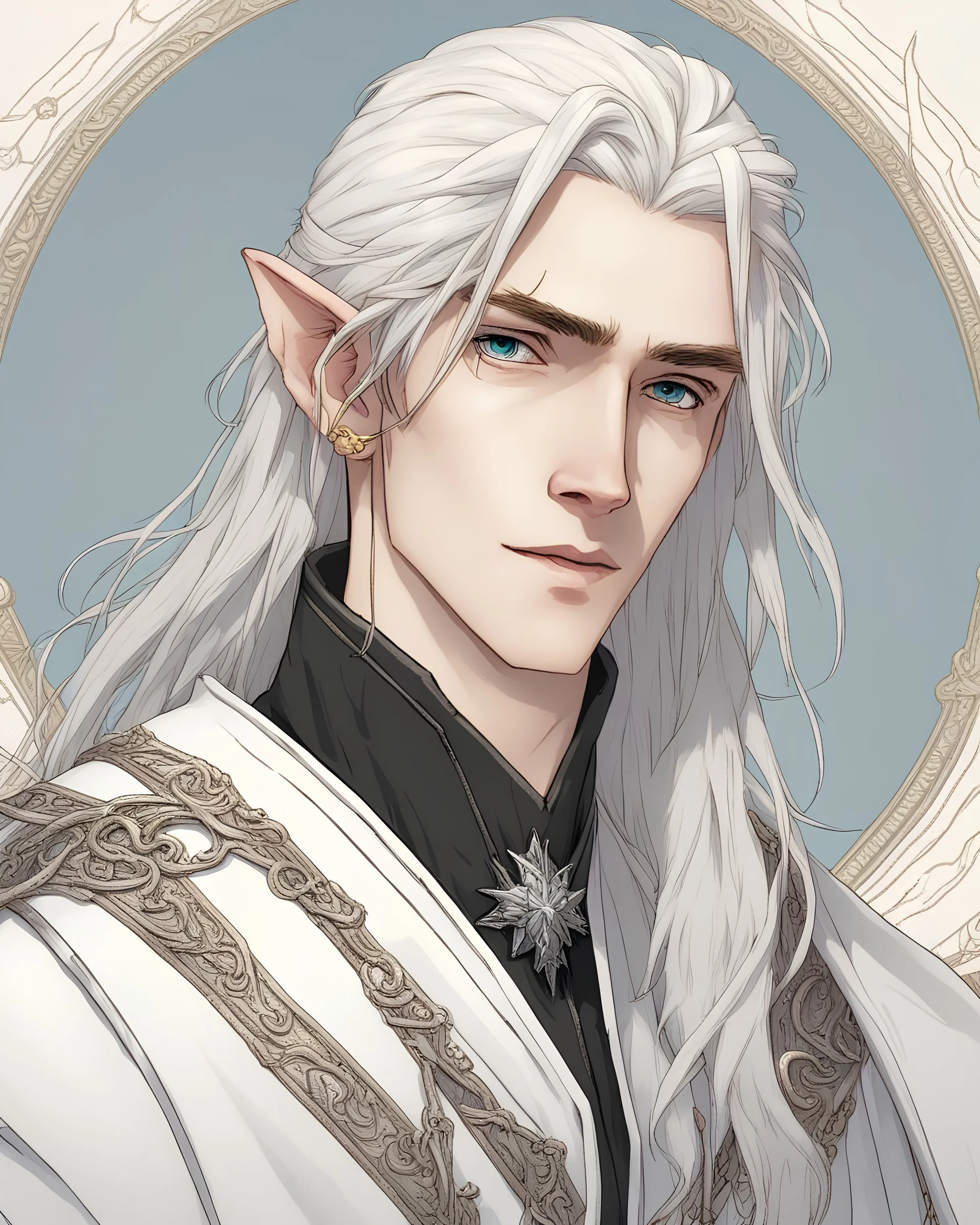 a young High Elf frost Wizard with long wiry hair, wearing a black trimmed white nobleman's robe and frost ornaments on clothes, with a weasel on his shoulder