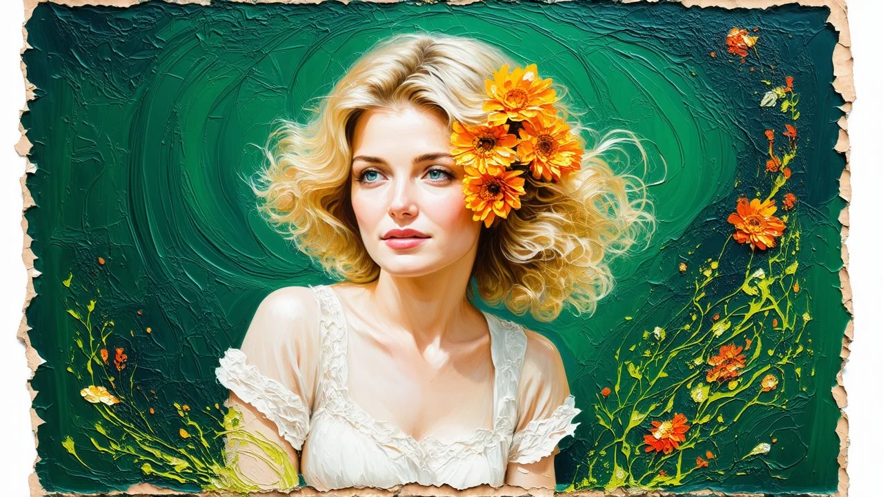 dark green background, abstract art complementary colours fine details , old torn worn paper, peeling, high grain, portrait of blonde woman , flowers in hair, acrylic, alcohol ink, fine drawing, A blonde woman in her 40s, with flowers woven into her loose, curly hair, sits in a whimsical, fairy-tale setting, surrounded by delicate swirling patterns reminiscent of the textures of old torn paper, in a vibrant, abstract style combining acrylic and alcohol ink techniques, with fine detailing that hi