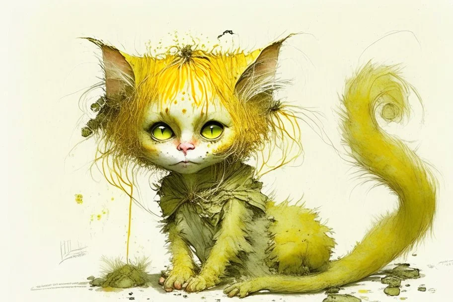 playing kittens Artist Jean-Baptiste Monge style. playing humanoid orange yellow white mossy kitty cat lizard-faced girl with mossy fur. White eyes.