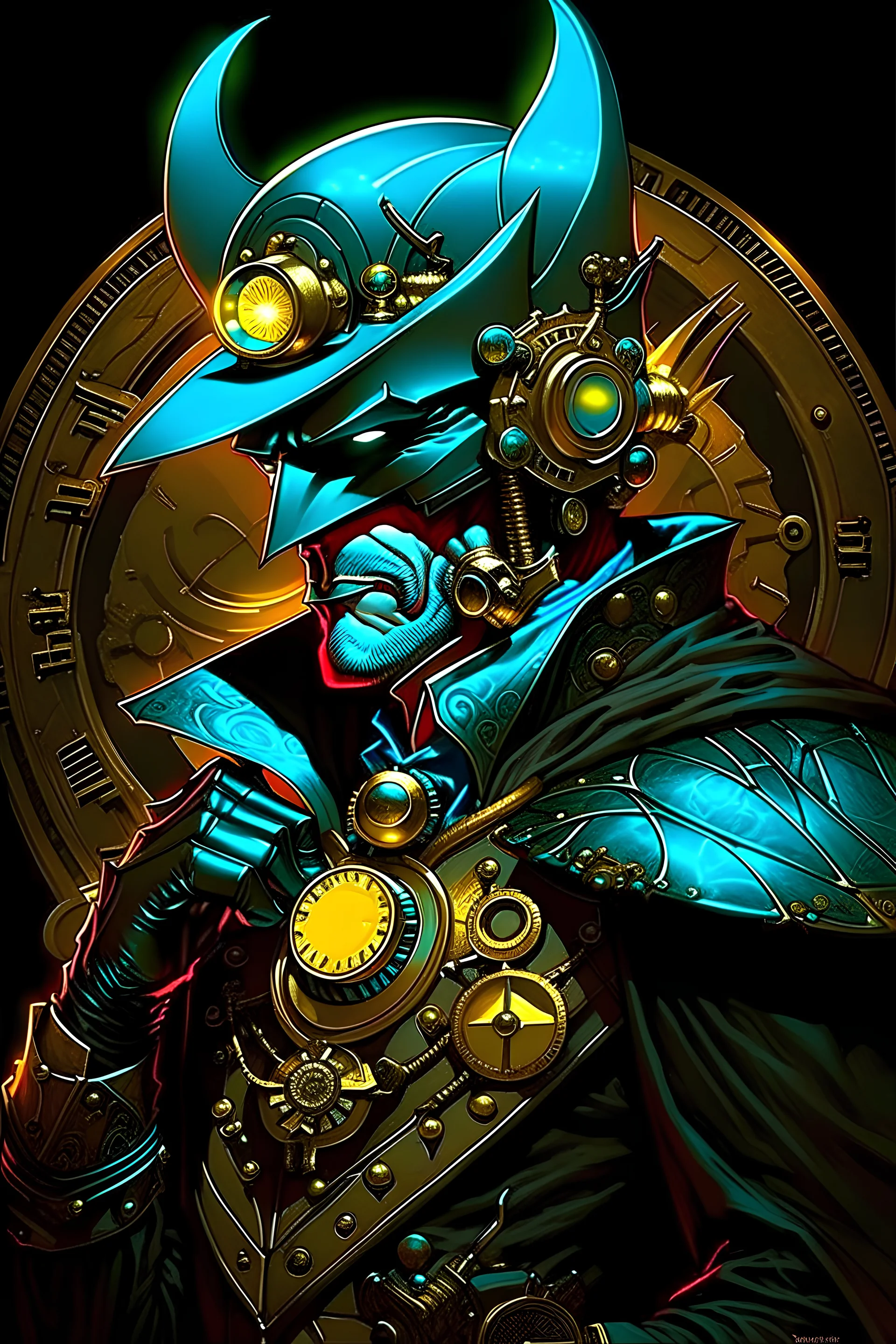 Steam Punk Batman, in the style of Alphonse Mucha, dramatic lighting, Highly Detailed, photorealism, hdr, 16k, octane effect,