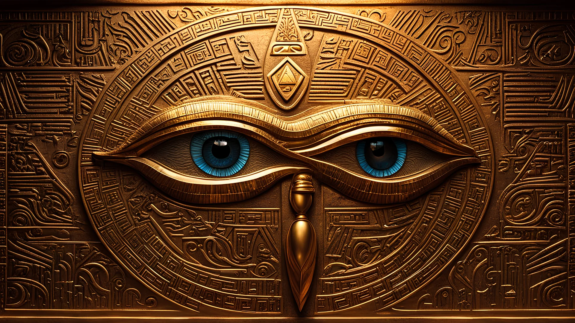 Egyptian motif, A metallic bas relief of the Eye of Horus on a wall surrounded by hieroglyphics well lit cinematic bright incandescent lighting