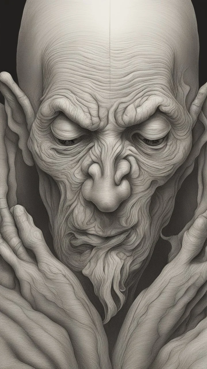 𝙋𝙧𝙤𝙢𝙥𝙩 highly detailed graphite illustration, A surreal witch figure with exaggerated anatomical features, heavily wrinkled skin, and an intense, contemplative expression. bald head, thick eyebrows, long beard merge into swirling abstract shapes. Large, expressive hands, one covering the mouth and the other gripping the forehead tensely. Mysterious, introspective, dreamlike, somewhat dark fantasy. #𝙙𝙧𝙚art #prompt